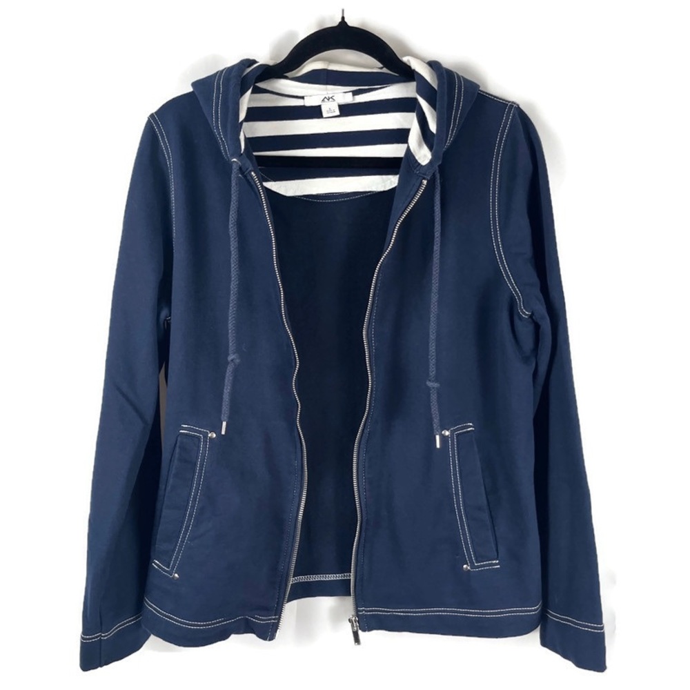 Anne Klein Sport Women's Activewear Blue Hooded Nautical Full Zip Jacket Size L - Picture 2 of 10